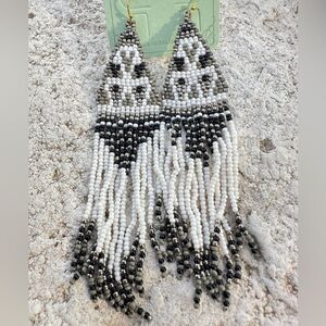Western Earrings Women’s Fringe Seed Beads Black and White Cowboy Cowgir…